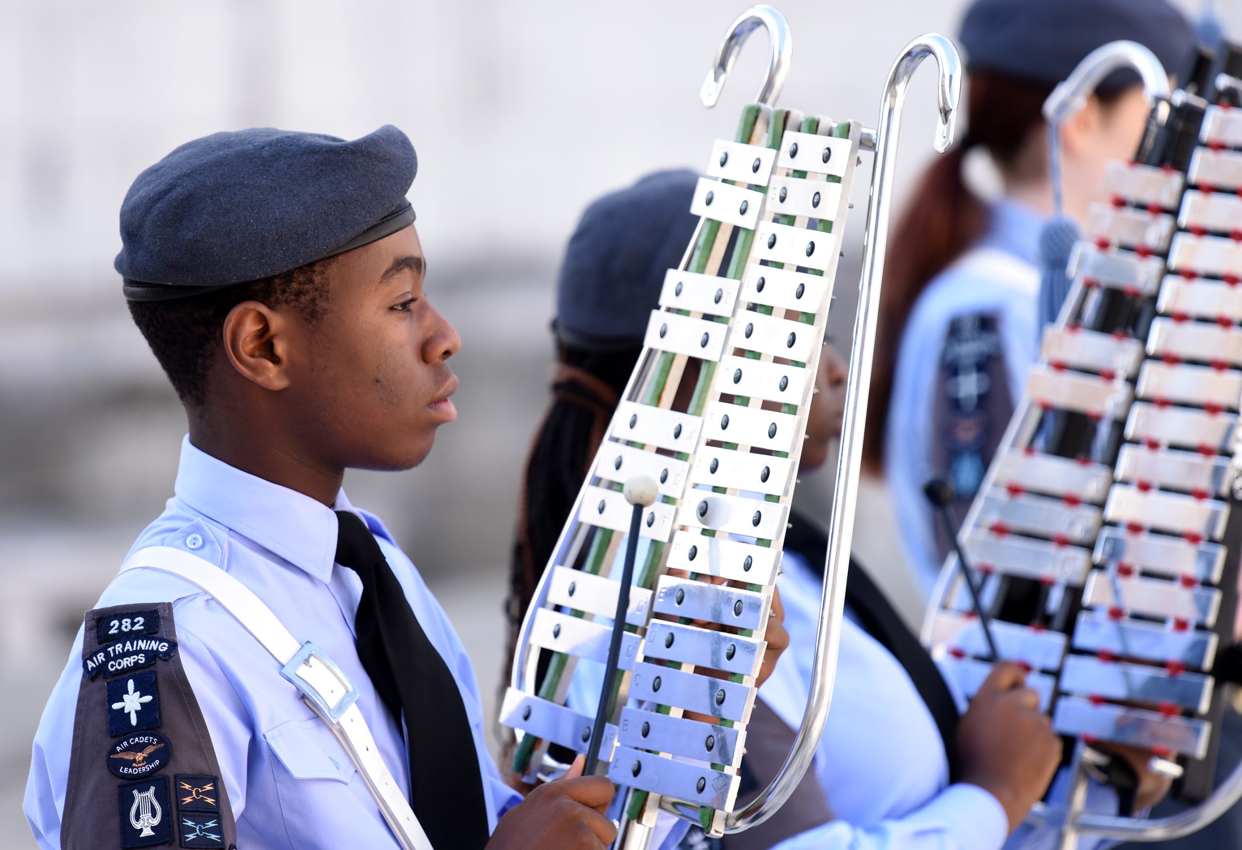 Royal Air Force Cadet playing an instrument at the Lord Mayor's Show 2022